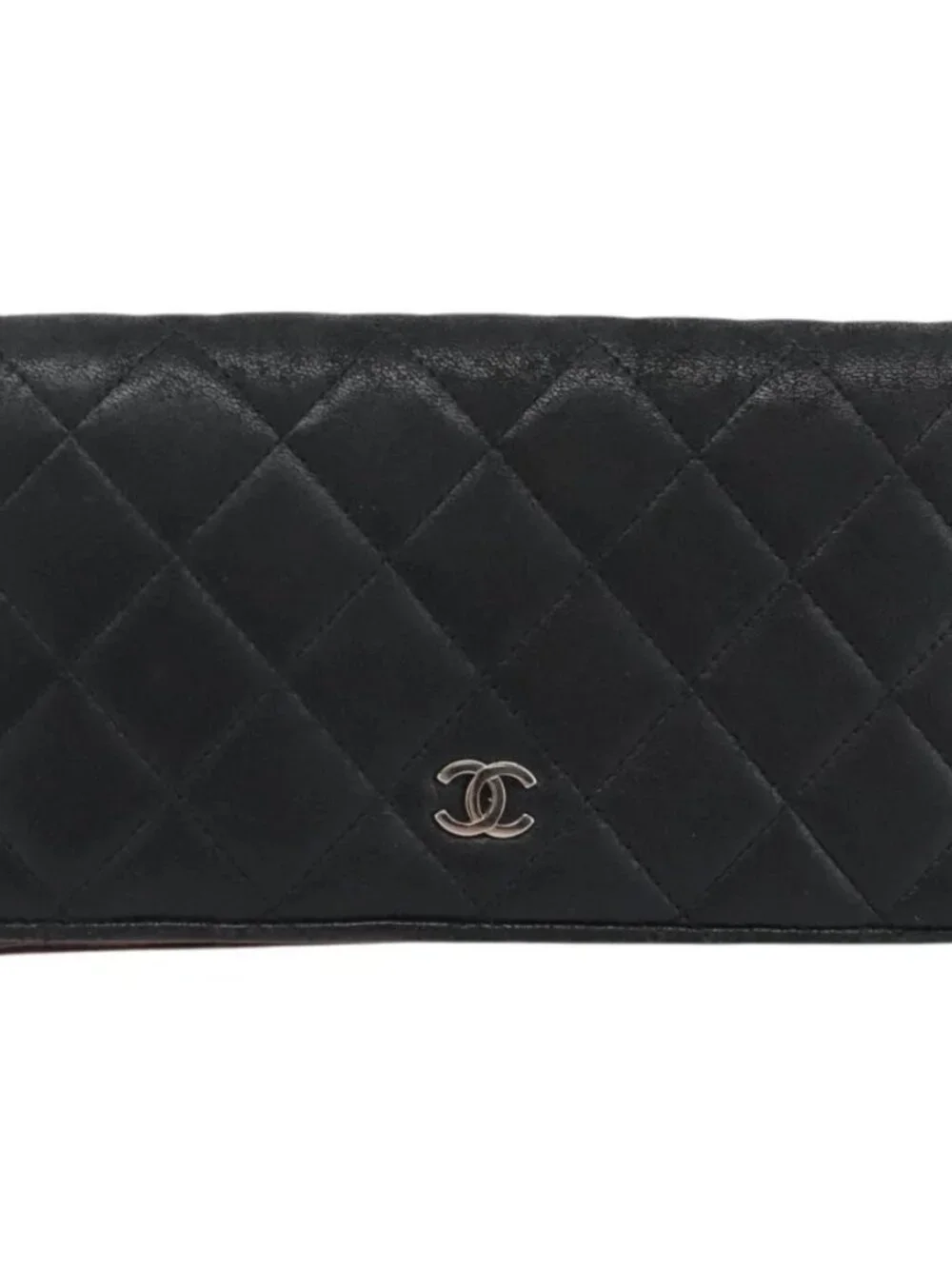 CHANEL Matelasse Long Wallet Lamb Skin Black Silver CC Auth 180933